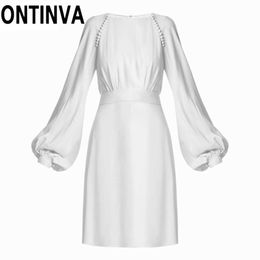 Women's Modest Everyday Lantern Sleeve Dress High Waist Zipper Long Puff Sleeves Shift Dresses Office Lady Work Plus Size Robe 210527