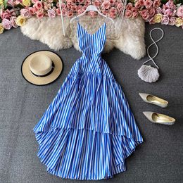 Sexy Beach Summer Holiday Slim V Neck Sleeveless Plus Size Spaghetti Strap Blue Striped Irregular Dress Women Casual Vestido 210610