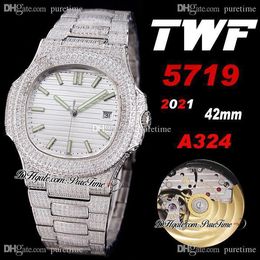 2021 TWF 5719 Cal A324 Automatic Mens Watch Steel Paved Diamonds Case Silver Texture Dial Stick Iced Out Diamond Bracelet Super Edition Jewelry Watches Puretime C03