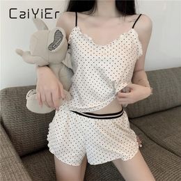 CAIYIER Sexy Women V-neck Halter Vest Shorts Home Silk Pyjamas Suit The HarnPajamas Summer Ladies Sleepwear Satin Lingerie X0526