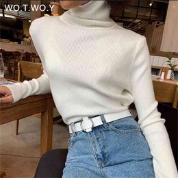 WOTWOY Casual Basic Turtleneck Sweater Women Solid Long Sleeve Knitted Pullovers Autumn Winter Slim Fit Pink 210914