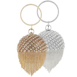Ball Evening Bags Women Diamonds Purse Circular Small Day Clutch Golden Rhinestones Tassel Handbags Purse
