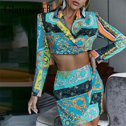 Glamaker Chinese style blazer jacket skirts suits Sexy v neck cropped top coat and irregular mini skirt Women printed green chic 220302