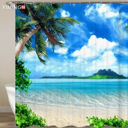 3D Seaside Scenery Beach Shower Curtain Home Decor Curtain Moldproof Waterproof Belt Hook Shower curtain Douchegordijn 210609