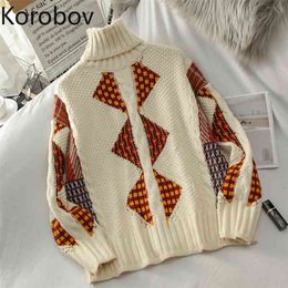 Korobov Korean Office Lady Turtleneck Women Sweaters Vintage Plaid Long Sleeve Hit Colour Patchwork Sueter Mujer Winter Pullovers 210430