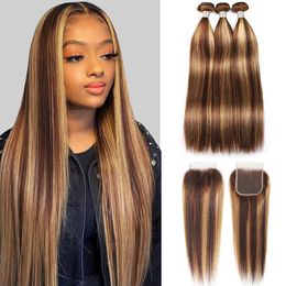 Highlight Brazilian Straight Hair 3 Bundles With Closures Free Part P4/27 Colour Full Soft Dyeable