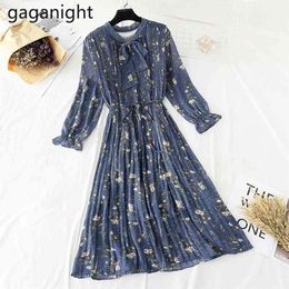 Elegant Slim Women Chiffon Dresses French O-Neck Bow Butterfly Sleeve Vintage Vestidos Floral Robe Ladies Spring 210601