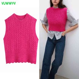 VUWWYV Rose Cable Knitted Ribbed Sweater Vest Female Sleeveless Pullover Woman Cropped Sweaters Winter Clothes Waistcoat 210430