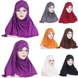 Women Jersey Scarf Soft Plain Instant Hijab Shawls and Wraps Beads Foulard Femme Muslim Hijabs Ready To Wear Headscarf