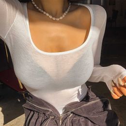 WOMENGAGA Spring White Women's Fashion Big U-neck Long Sleeve T-shirt Bottom Tees Tops Summer Top Tshirt Vintage 7IGB 210603