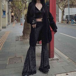 Women Gothic Dark Black Lace Flare Pants Embroidery Patchwork Trousers See Through Europe Style Casual Bell Bottoms Y2K Clothes 210517