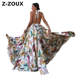 Women Dress Bohemian Maxi V Neck Backless Print es Sleeveless Bandage High Waist Large Hem Beach Summer 210524