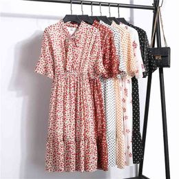Women Print Dot Dresses Summer Short Sleeve Elegant Office Lady High Waist Flare Bow Cherry With Lining 210514
