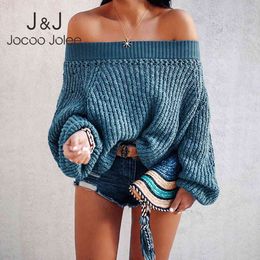 Jocoo Jolee Vintage Loose Pullover for Women Autumn Winter Off Shoulder Lantern Sleeve Harajuku Knitted Sweater Casual Tops 210518