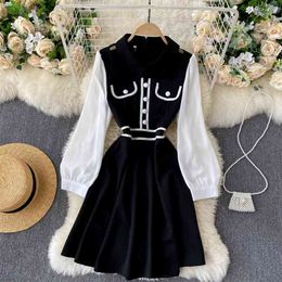 Lady Fashion A-line Dress Women Autumn and Winter Hollow Color Matching Slim Black Long Sleeve Vestidos Q487 210527