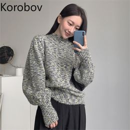 Korobov Autumn Winter Thick Basic Women Sweaters Korean Vintage Hit Colour Dot Harajuku Japanese Sueter Mujer Turtleneck Top 210430