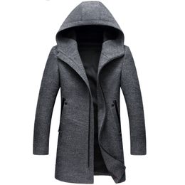 Winter Long Hooded Trench Coat Men Casual Men's Wool Hoodie Trench Coats Zipper Slim Fit Mens Windbreaker Pea Coats