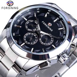 Forsining Black Men's Mechanical Watch 3 Dial Calendar Automatic Self-Wind Clock Business Sport Stainless Steel Belts Wristwatch 210407
