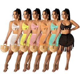 Womens Solid Color Swimwear Fashion Trend Knitted Mesh Sling Bras Briefs Skirts Swimsuits Designer Summer Female Casual Beach Bikini 2Pcs Sets