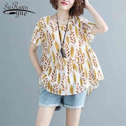 summer fashion cotton and linen women shirts short sleeve tops womens blouses print floral women's clothing 2092 50 210521