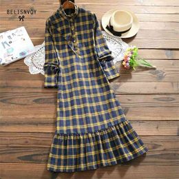 Women Cotton Linen Midi Dress Spring Autumn Female Fashion Vintage Plaid A-line Long Sleeve Ruffles Elegant Vestidos 210520