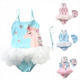 2021 Baby Girls Cute Pluffy Unicorn Staps Swimsuit Cap Children Straps Swimwear Bath Wear Ballerina Ballet Style 1-10y