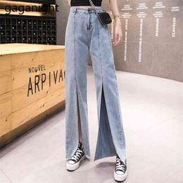 Blue Denim Pants Vintage Wide Leg Women Sexy Split Jeans Trousers High Waist Straight Long Plus Size S-XXL 210601