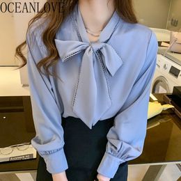 S-2XL Satin Blusas Mujer De Spring Office Ladies Solid Bow Elegant Women Blouse Tops Korean Shirts Lace Up 19677 210415