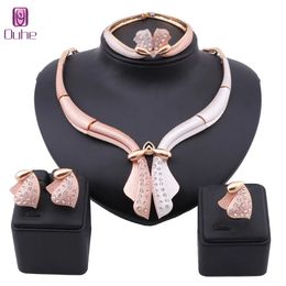 Women Gold Colour Crystal Costume Jewellery Set Necklace Bangle Earring Ring Saudi Party Bridal Decoration Jewellry