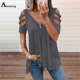 2021 Plus size 5xl Women's T-shirt Hollow Out Sleeve Basic Tops Zipper up Ladies Tees Clothing New Summer Female Loose T-shirt Y0629