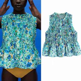 Summer Women Sweet Blouses Shirts Tops Sleeveless O-Neck Ruffles ZA Elastic bust Female Print Top Blusas 210513