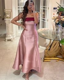 Elegant Blush Pink And Burgundy Satin Long Evening Dresses Ankle Length Strapless Simple Prom Dress Saudi Arabic Women A Line Formal Party Gowns