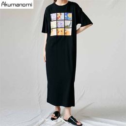 Black Women Cotton Long Slit Dresses Summer Plus Size 7xl 6xl 5xl 4xl Xxxl Xxl O Neck Short Sleeve Maxi Loose Dress Casual 210409