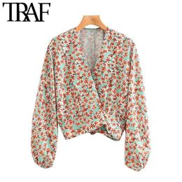 Women Fashion Floral Print Loose Cropped Wrap Blouses Vintage Long Sleeve Back Bow Tied Female Shirts Chic Tops 210507