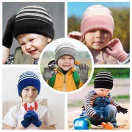 Baby Toddler Kids Winter Hats and Gloves Set Knit Earflap striped Beanie Warm Fleece Cap for Boy Girl