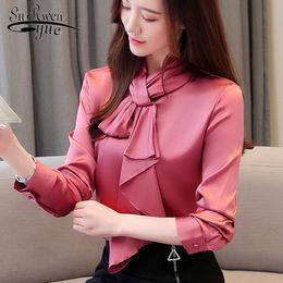 Autumn Women Shirts Tops and Blouses Bow Tie Silk Long Sleeve Solid Button Office Lady 6442 50 210508