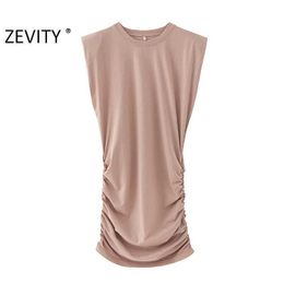 Zevity women fashion o neck sleeveless pleated slim dress chic ladies shoulder padded vestidos casual knitted dresses DS4175 210603