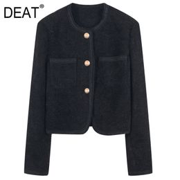 [DEAT] O-neck Collar Long Sleeve Solid Black Short Slim Tweed Suit Jacket Women Mall Goth Korea Fashion Spring GX718 210428