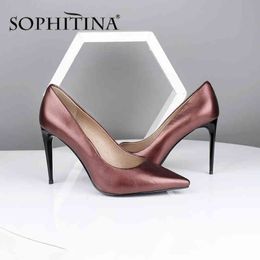 SOPHITINA Genuine Leather Thin Heel Pumps Solid High Heel Shallow Pointed Toe Fashion Ladies Shoes Design Party Pumps SC580 210513