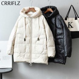 Medium Long Winter Jacket Women Letter Embroidery White Duck Down Hooded Coats Warm Thicken Parka 211018