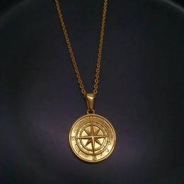 Pendant Necklaces Hip-Hop Rock Women Men Gold Compass Necklace Vintage Stainless Steel Round Coin Fashion Chain Jewellery