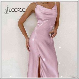 2022 Summer Women's Braces Skirt with Slits Sexy Swing Collar Temperament Fashion Design Dress Y220214