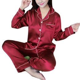 Autumn Women Turn-down Collar Pajamas Set Silk Satin Full Sleeve Tops+Pants 2 Pieces Sleepwear Pajama Plus Size 5XL 210831