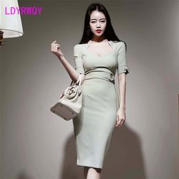 summer Korean women's sexy square collar waist tie slim split hip dress Knee-Length Sheath 210416