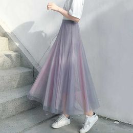 Long Tulle Skirt Women Pius Size Autumn Gradient Korean Elegant High Waist A-line Pleated School Midi pleated skirt Female 210619