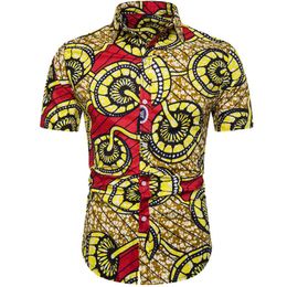 Men Print Shirts Casual Summer Brand Short Sleeve Mens Aloha Shirt Beach Striped Hawaiian Camisas Africa Ethnic Style Camisa 210524
