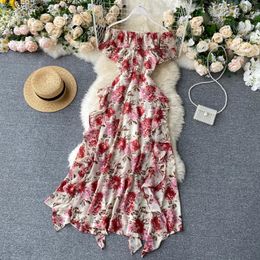 Women Chiffon Beach Dress Summer Slash Neck Irregular Midi Long Dress Korean Print Flowers ruffle A Line Dress 210419