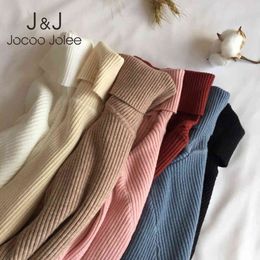 Jocoo Jolee Women Casual Solid Turtleneck Pullover Slim Knitted Ribbed Sweater Korean Harajuku Tight Sweater Warm Soft Tops 210518