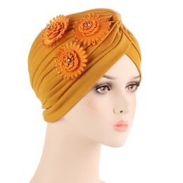 KepaHoo Elegant Diamond Flowers Turbans For Women Pleated Muslim Headscarf Bonnet Breathable Summer Turban Caps Ready to Wear
