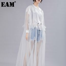 [EAM] Women Dress Stand Neck Long Batwing Sleeve Loose Fit Mesh Perspective Pleated Fashion Spring Autumn JZ344 210512